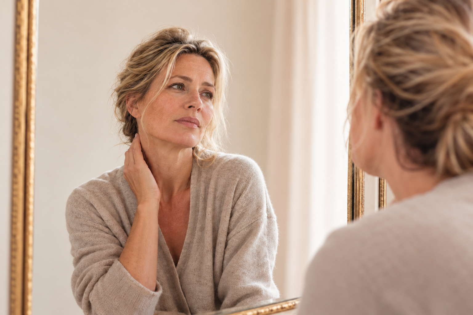 Vrouw van middelbare leeftijd die nadenkend bij het raam zit