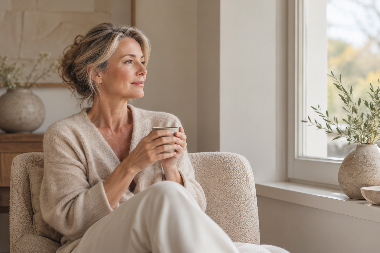 Vrouw van middelbare leeftijd die rustig bij het raam zit